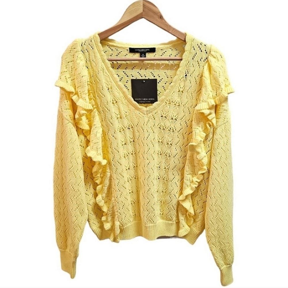NWT Marc New York Yellow Lemon Meringue Pointelle Knit V-Neck Ruffle Sweater XL